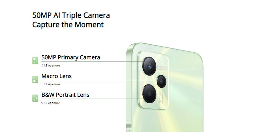 Realme C35 در بخش پشتی میزبان سیستم دوربین سه گانه با لنز اصلی 50 مگاپیکسلی در کنار دوربین 2 مگاپیکسلی ماکرو و دوربین 0.3 مگاپیکسلی سنجش عمق است.