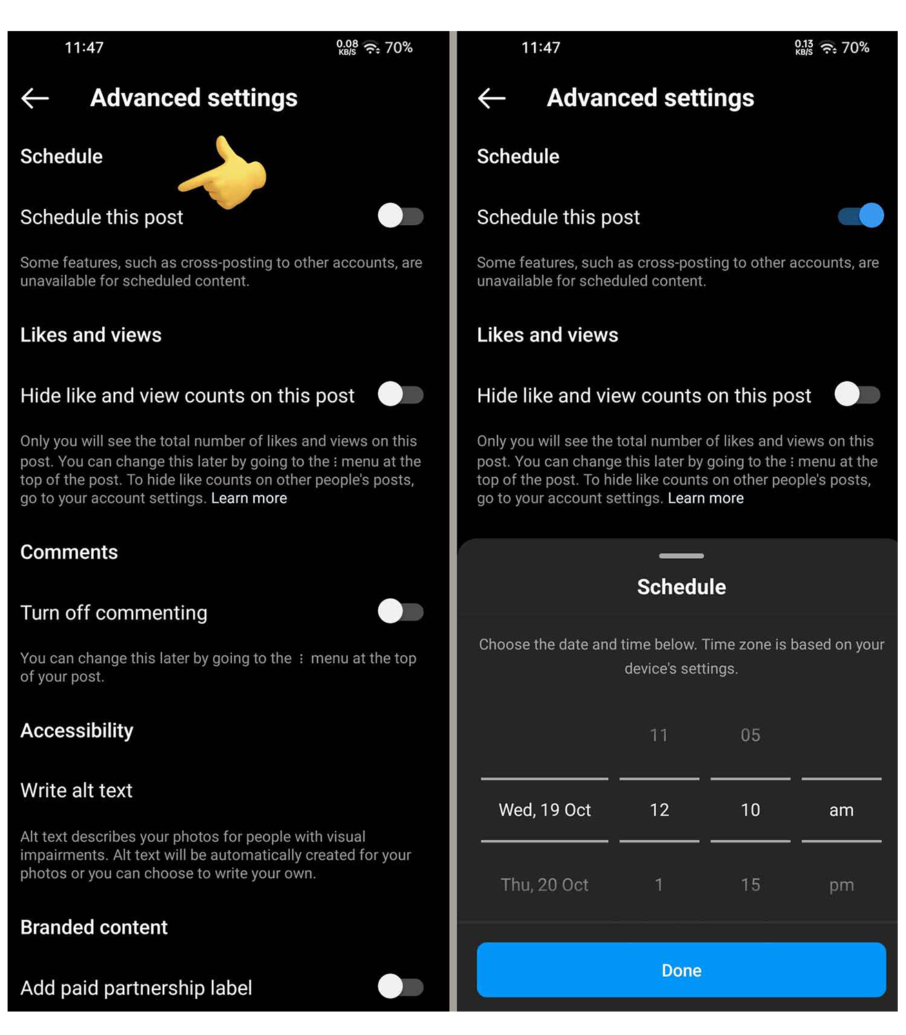 حساب اینستاگرام خود را روی حالت "Professional Account" قرار داده باشند همچنین حداکثر تعین زمان برای پست های زمانبندی شده 75 روز آینده است، که ممکن است این عدد تغییر کند.