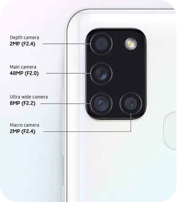 برای Galaxy A21s در قاب عقب 4 لنز در نظر گرفته شده و سنسور لنز اصلی 48 مگاپیکسل است.