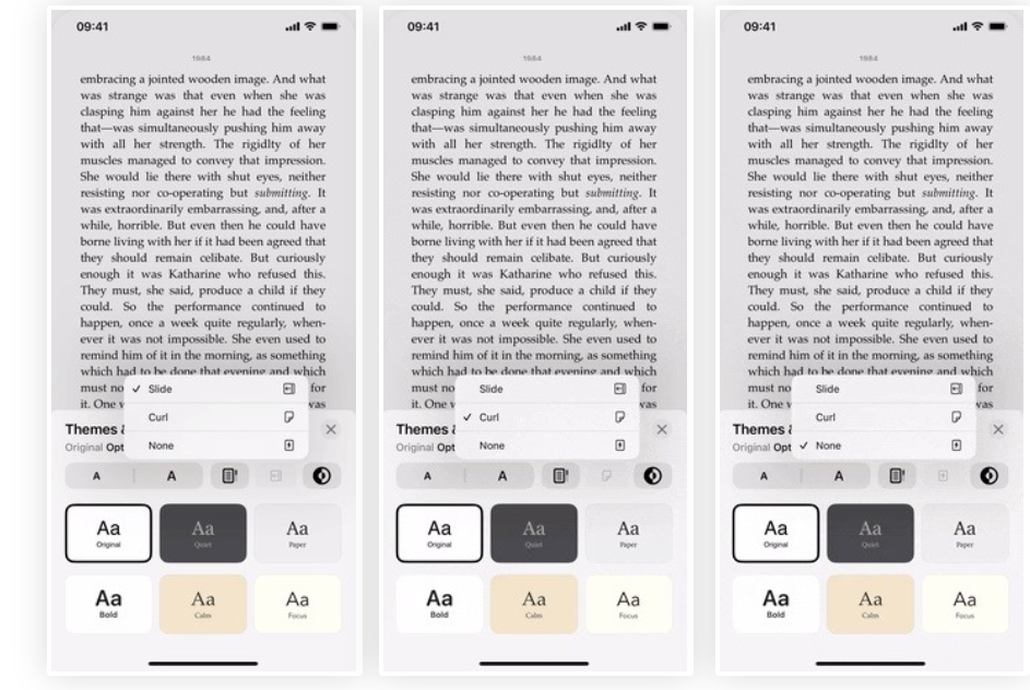 اپل اکنون در iOS 16.4 به ما حق انتخاب می دهد. برای تنظیم افکت، منوی Reading را در یک کتاب باز کنید، روی Themes and Settings ضربه بزنید و سپس دکمه New Page Effect را در کنار دکمه Appear انتخاب کنید. در اینجا می توانید بین موارد زیر یکی را انتخاب کنید:
