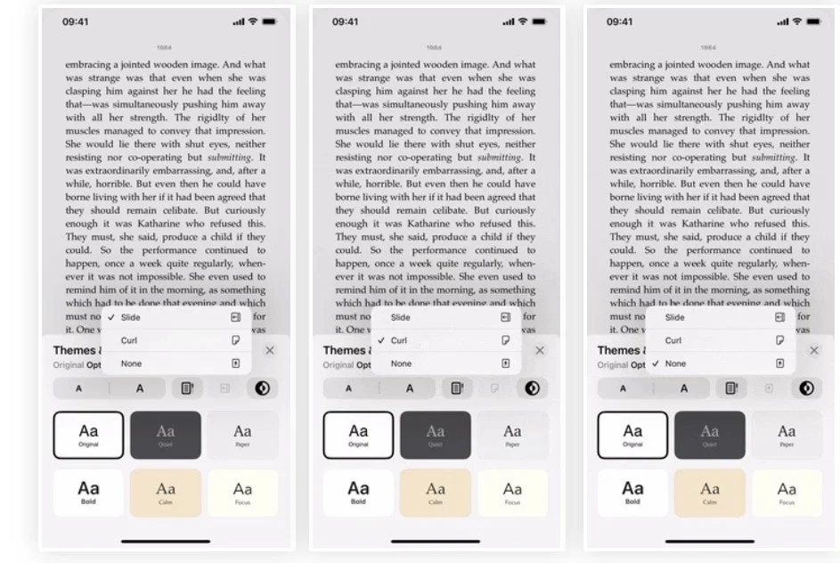 اپل اکنون در iOS 16.4 به ما حق انتخاب می دهد. برای تنظیم افکت، منوی Reading را در یک کتاب باز کنید، روی Themes and Settings ضربه بزنید و سپس دکمه New Page Effect را در کنار دکمه Appear انتخاب کنید. در اینجا می توانید بین موارد زیر یکی را انتخاب کنید: