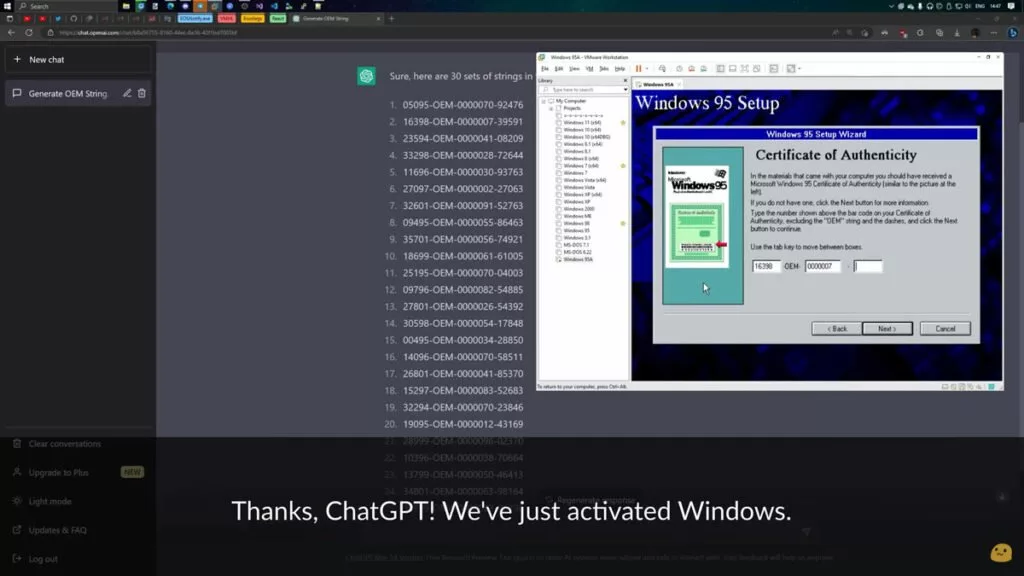پس از امتناع از تولید کد برای ویندوز 95 ، ChatGPT توضیح داد که نمی تواند کار را کامل کند و در عوض به او پیشنهاد کرد که از نسخه جدیدتر و پشتیبانی شده ویندوز (10 یا 11) استفاده کند